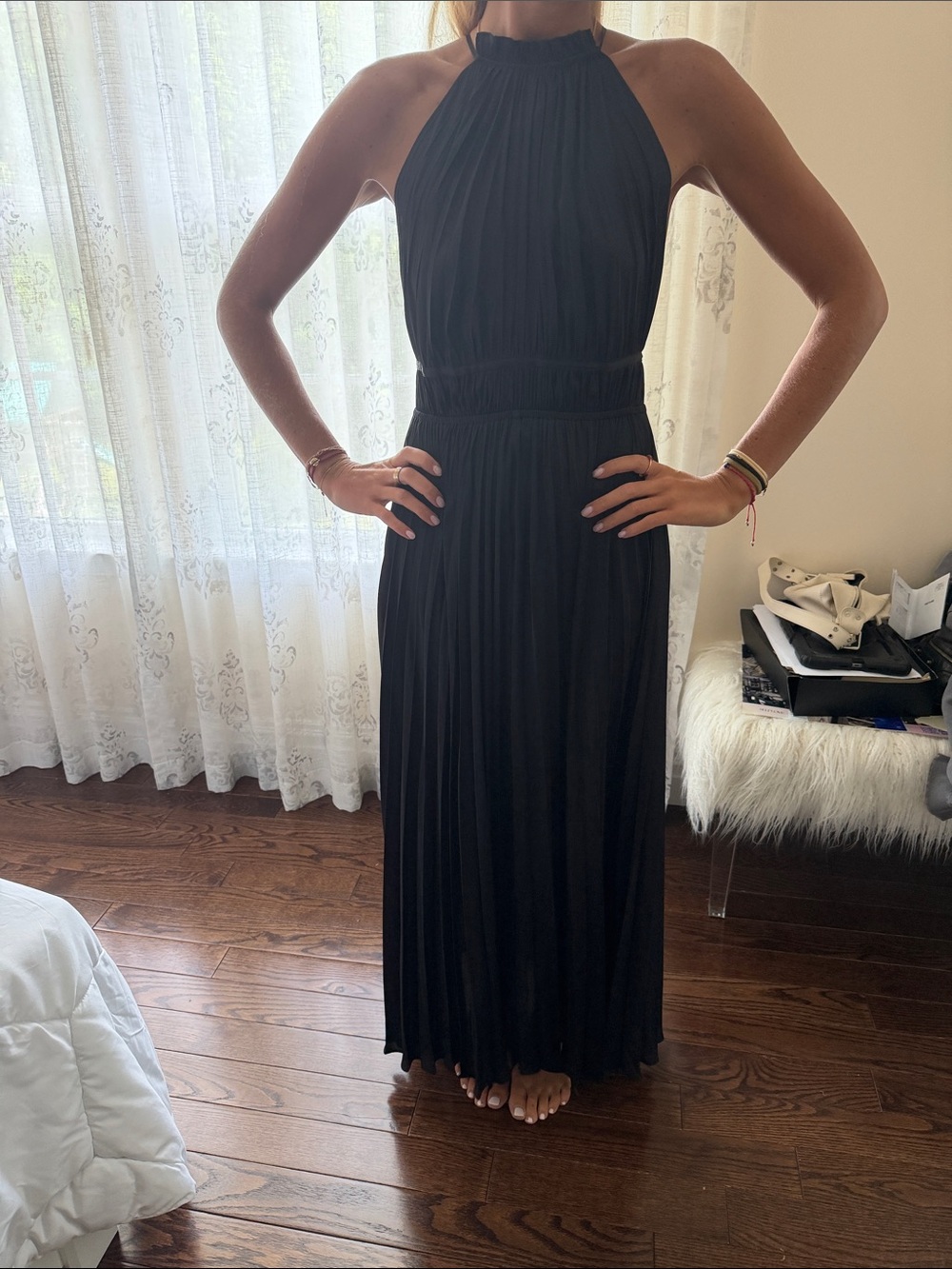 Maje Black Halter Pleated Maxi Dress